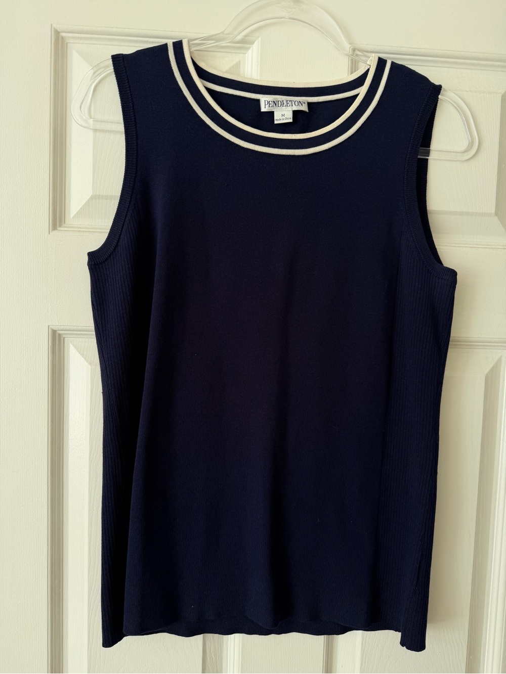 Pendleton Navy Blue Knit Sweater Tank Top Size M Cream Stripe Trim Vintage